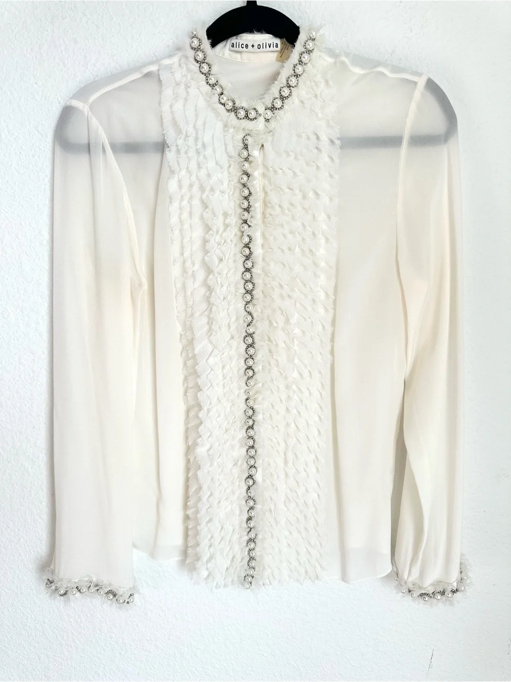 Alice and Olivia Arminda Ruffled Pearl Blouse pearl embellishments Medium Silk - Picture 6 of 17